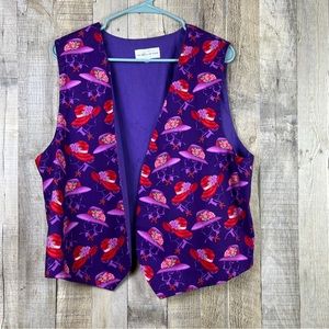 Handmade Touch by Joyce Red Hat Print on A Purple Vest open front